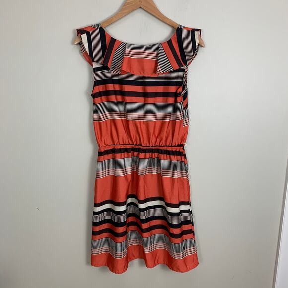 A Byer Dress Multi Stripe V neck Flounce Ruffle Sleeveless Dress Coral Orange M - Picture 2 of 10
